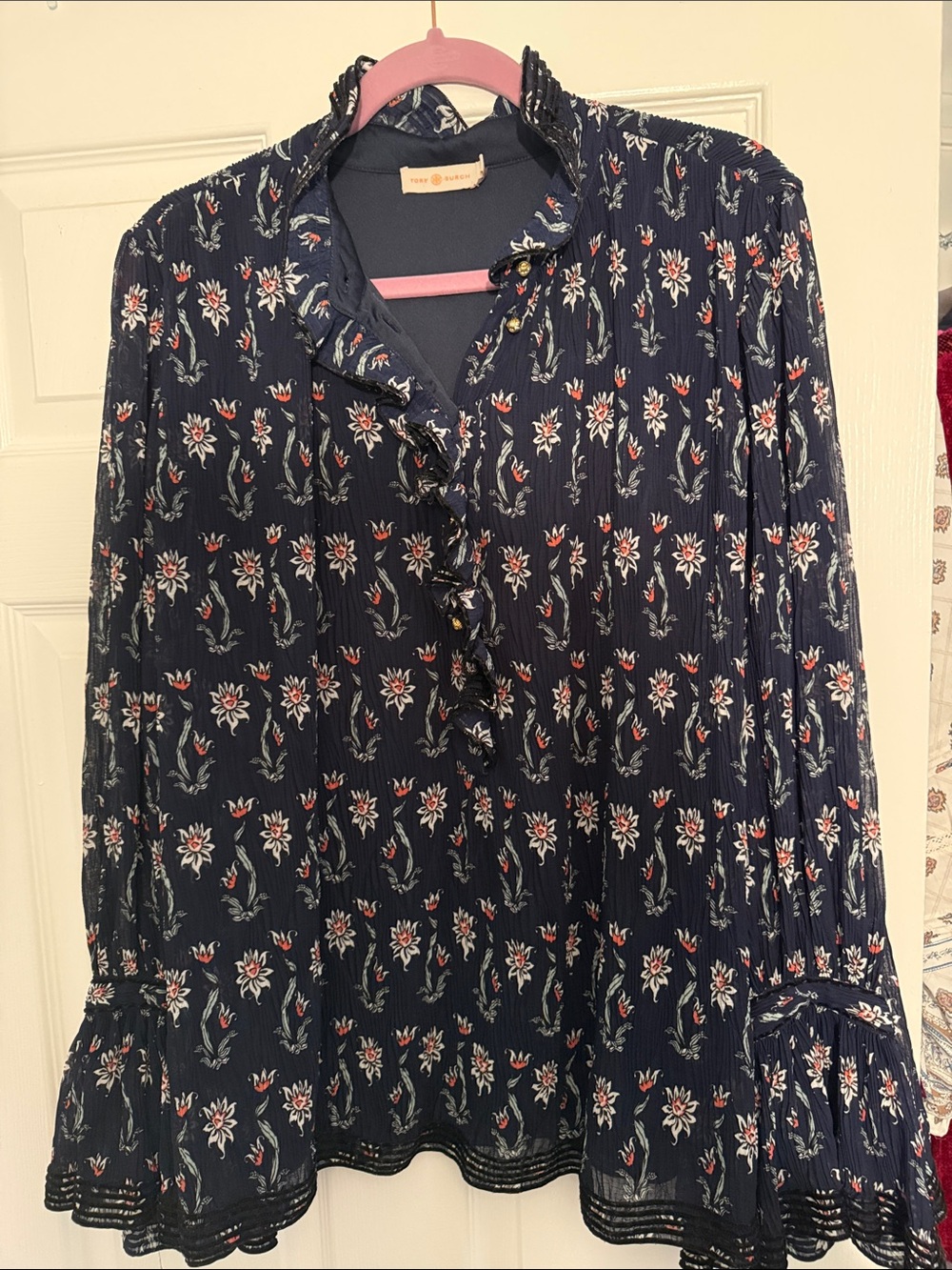 Tory Burch Navy Floral Ruffle-Neck Blouse